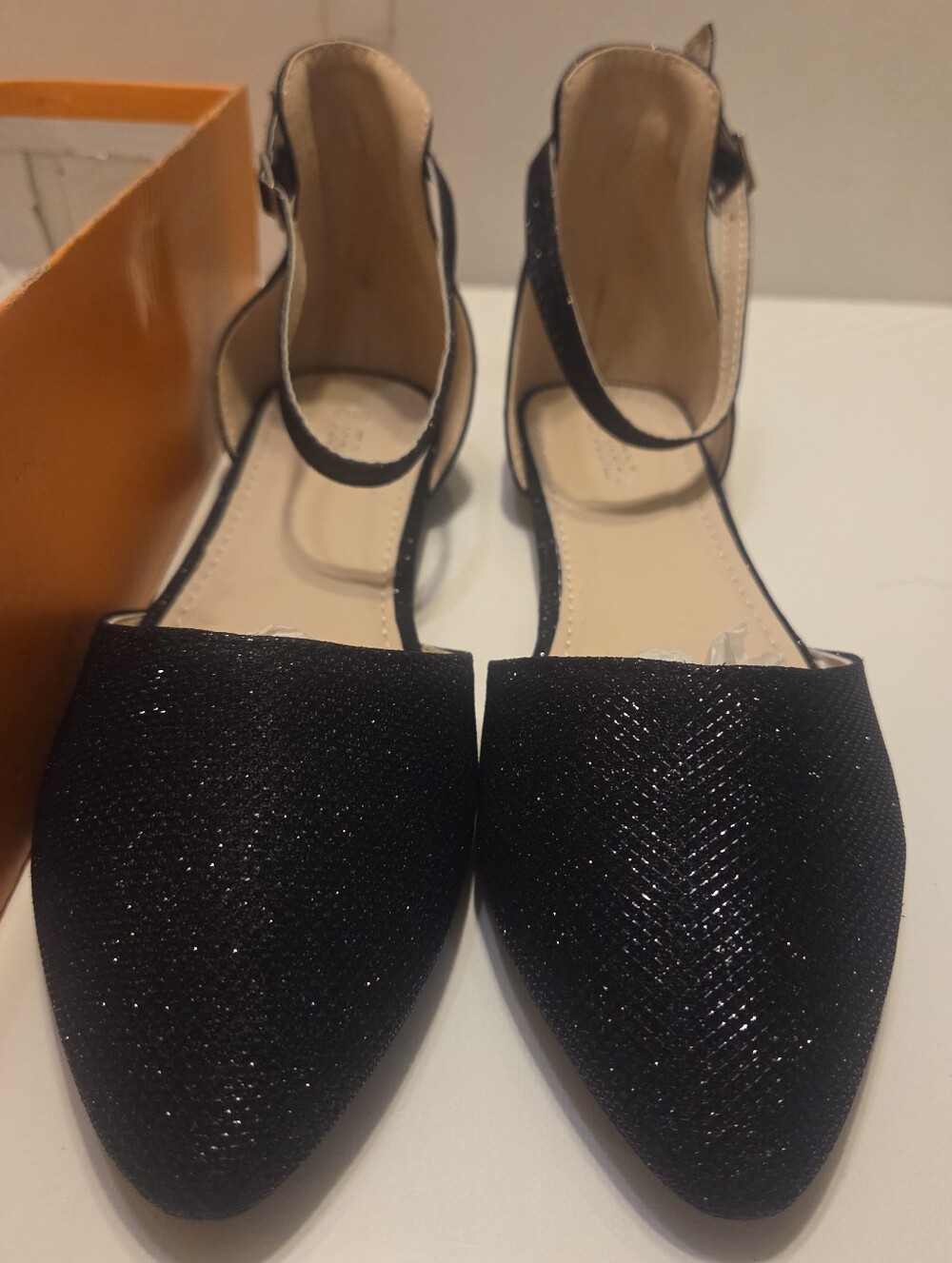 Black Sparkle Pointed Toe Ankle-Strap Flats